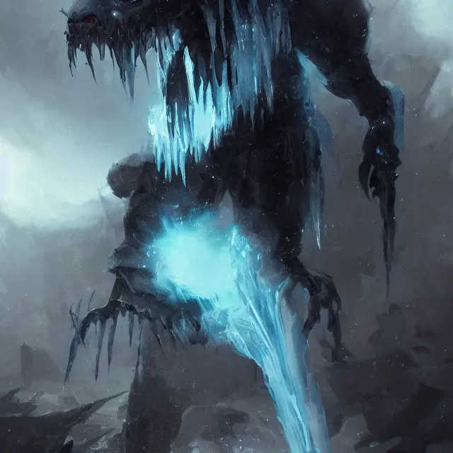 Image similar to a painting of an ice demon by greg rutkowski, dark fantasy art, high detail, trending on artstation