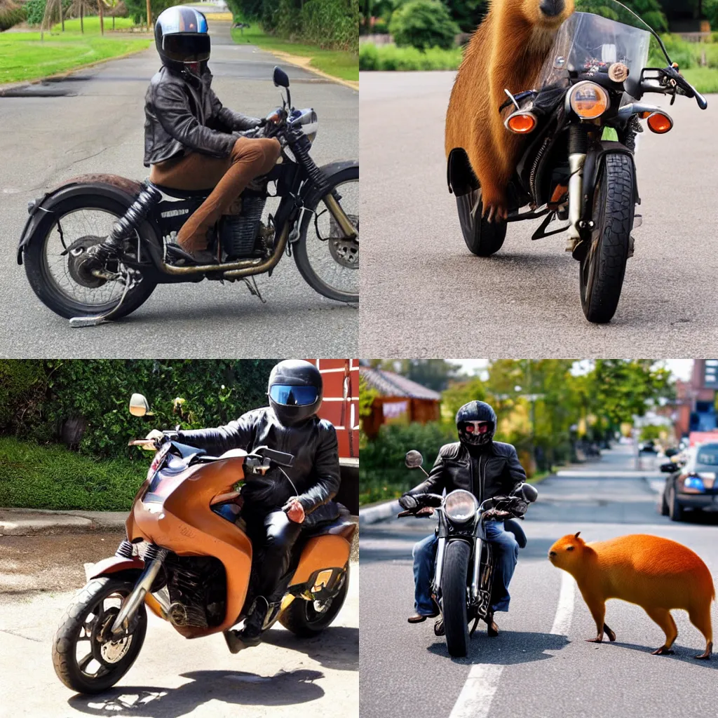 Prompt: a capybara wearing a leather jacket and sunglasses on a motorcycle