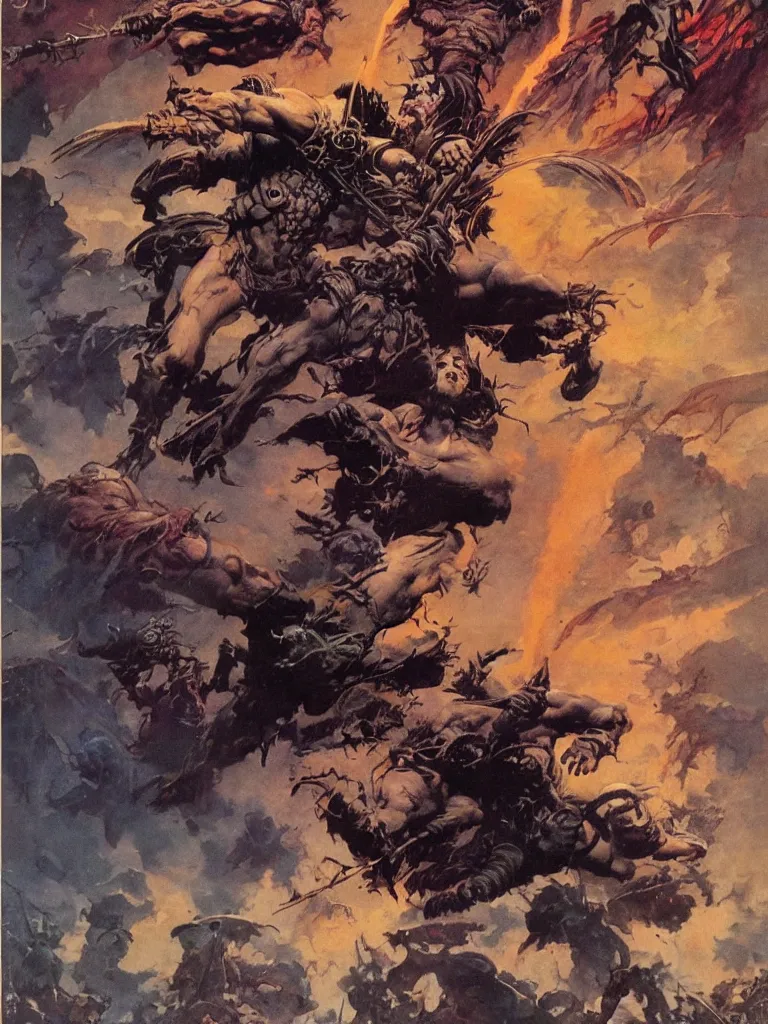 Prompt: a fantasy book cover by frank frazetta