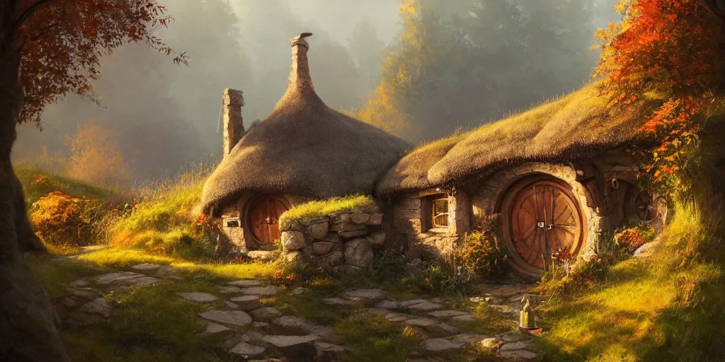 Image similar to a hobbit cottage on top of a steep hill, greg rutkowski, zabrocki, moebius, karlkka, jayison devadas, highly detailed, autumn sunlights, smoky atmosphere, ( ray of sunlight ), trending on artstation, sharp details, 8 k, ultra wide angle, zenith view, lens effect