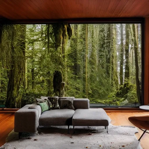 Prompt: living room interior with temperate rainforest aesthetic, live redwood furniture and objects, moss floor, volumetric atmospheric interior fog, fallen log furniture.