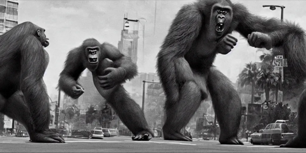 Image similar to An king Kong rage on street, Hollywood scene , cinematic