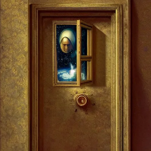 Prompt: golden ratio, photo - realism, space astronaut opening door that shows space and time created by leonardo davinci with extra detail, epic.