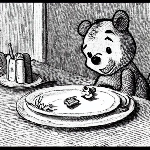 Image similar to close up of winnie the pooh with a plate of sausage and bacon and ham hock, cinematographic shot, cartoon