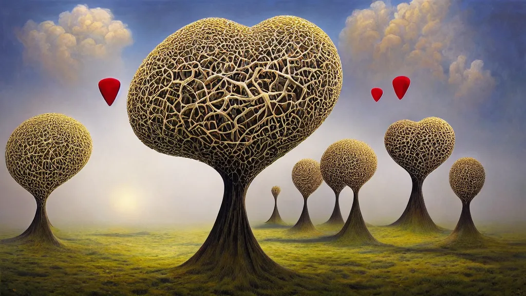 Image similar to surreal landscape, surrealism, fibonacci, heart shaped trees, symmetrical, esao andrews, victor enrich, dali