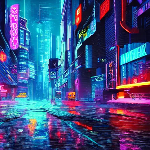 Prompt: Cyberpunk city, neon lights glisten off rainy streets, vibrant, realism, highly detailed digital art