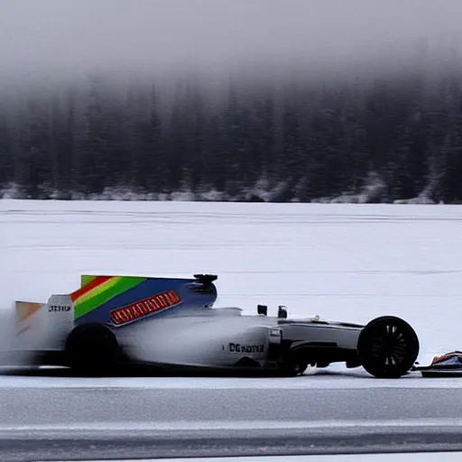 Image similar to an f1 car drifting across a frozen ice lake, cinematic shot