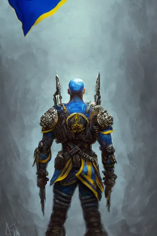 Image similar to a distant shot from behind of a Ukrainian super soldier with blue and yellow flag behind him standing alone on a huge pile of skulls as a winner, masculine muscular figure, D&D, fantasy, intricate, elegant, highly detailed, extremely detailed, digital painting, artstation, concept art, matte, sharp focus, symmetrical, illustration, art by Artgerm and Greg Rutkowski and Alphonse Mucha