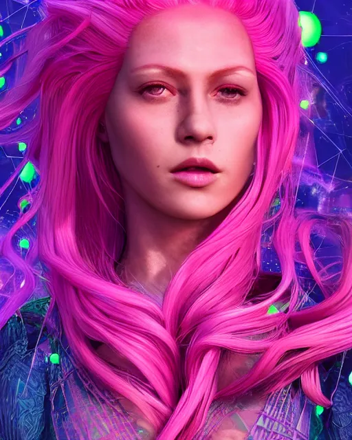Image similar to a powerful energy psychedelic matrix goddess with pink hair, by alexander fedosav, hyper detailed digital matte painting, concept art, hyperrealism, 1 6 k resolution, cinema 4 d, 8 k resolution, trending on artstation, behance hd, a masterpiece, by stephan martiniere, particles, cel - shaded, power bright neon energy, by david a. hardy