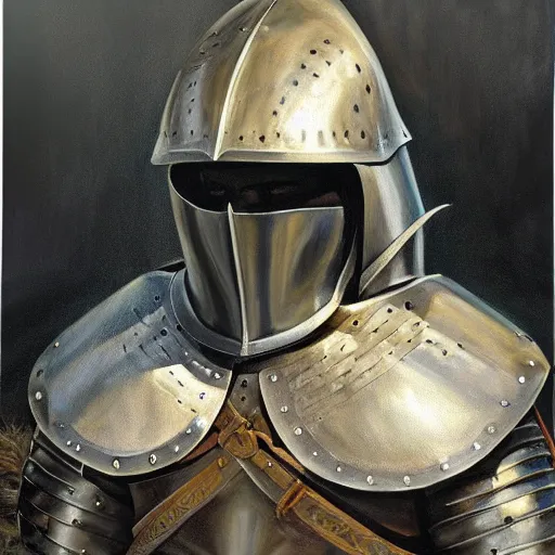 Image similar to beautiful oil portrait painting of alwyte armor, medieval armor, knight, natural light, outside