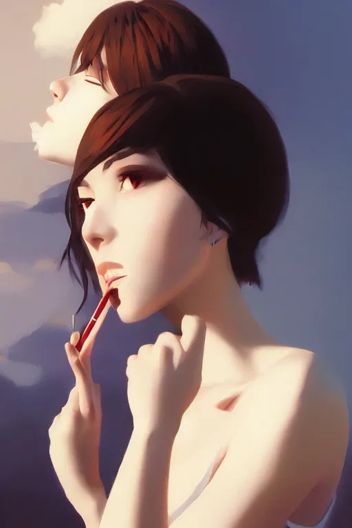 Prompt: A ultradetailed beautiful panting of a stylish woman smoking a cigarette, Oil painting, by Ilya Kuvshinov, Greg Rutkowski and Makoto Shinkai