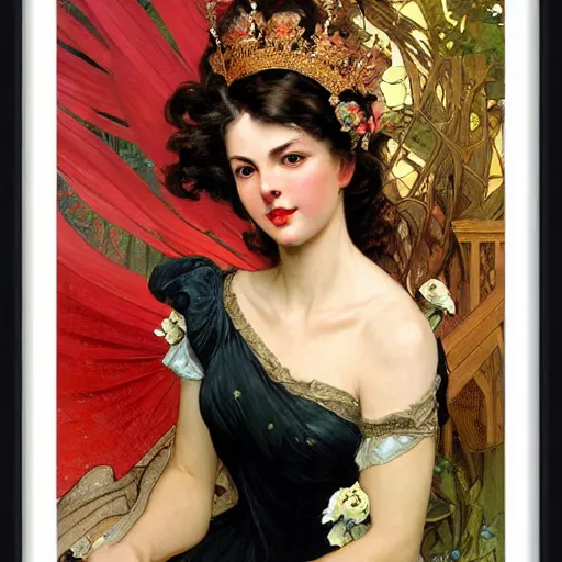 Prompt: portrait of a very beautiful royal fire woman, top half of body, metal crown on head, pensive expression, by Stanley Artgerm Lau, greg rutkowski, thomas kindkade, alphonse mucha, loish, norman rockwell, J. C. Leyendecker. dark black hair, pale skin, detailed eyes, red lips. framed by white flowers. Trending on artstation rule of thirds extremely detailed illustration hd 4k