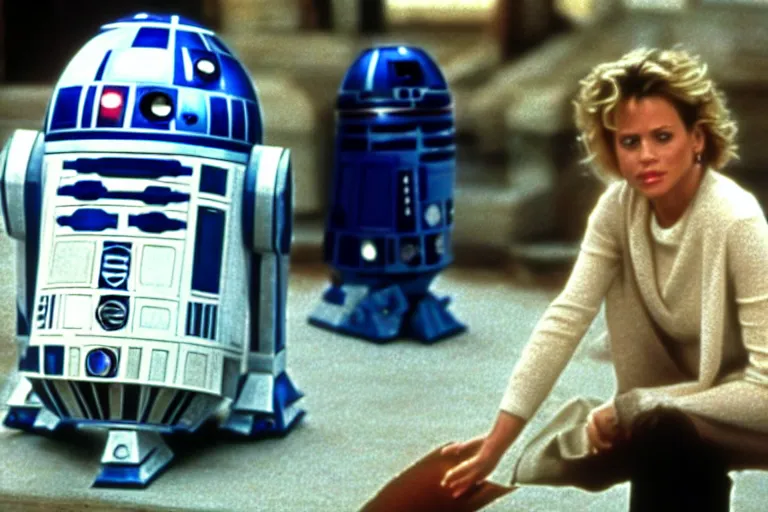 Image similar to a movie still from the 1989 romcom movie when Harry Met R2D2 starring Billy Crystal and Meg Ryan as R2D2