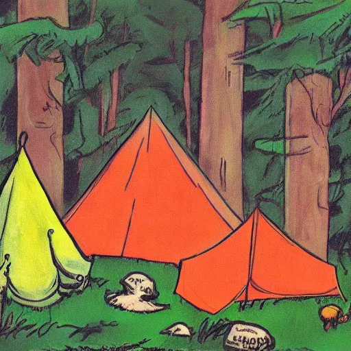Image similar to painting of a campsite by dr seuss | horror themed | creepy