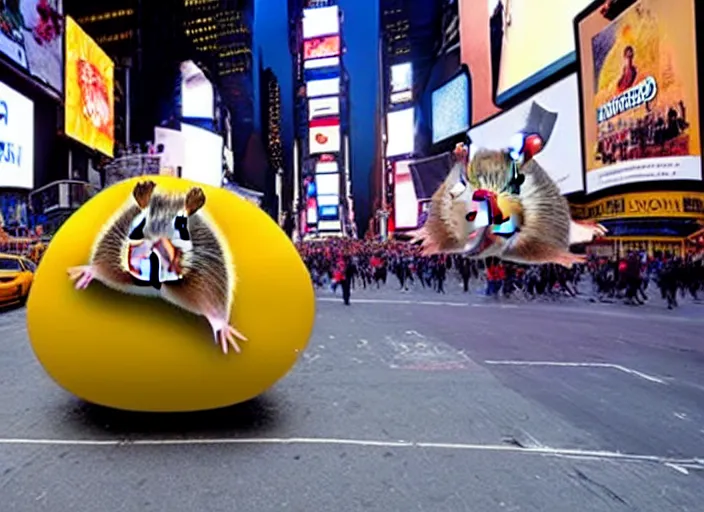 Image similar to a photo of a a giant hamster terrorizing times square,