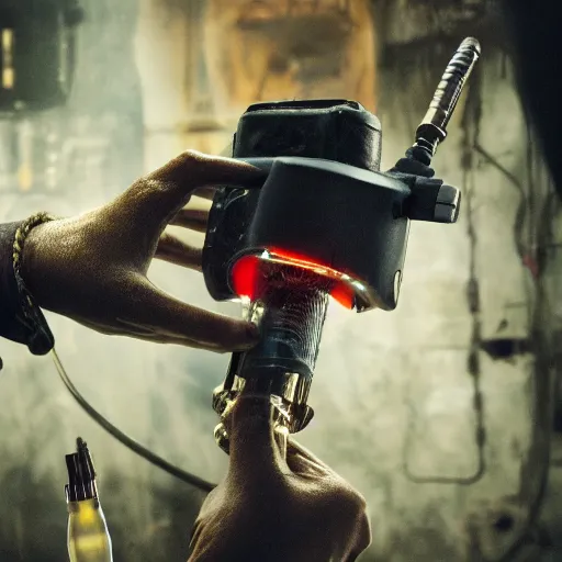 Image similar to half rusted old egg beater half stun - gun, balding older cyborg repairing, red hot soldering iron, dark messy smoke - filled cluttered workshop, dark, dramatic lighting, orange tint, cinematic, highly detailed, sci - fi, futuristic, movie still from blade runner