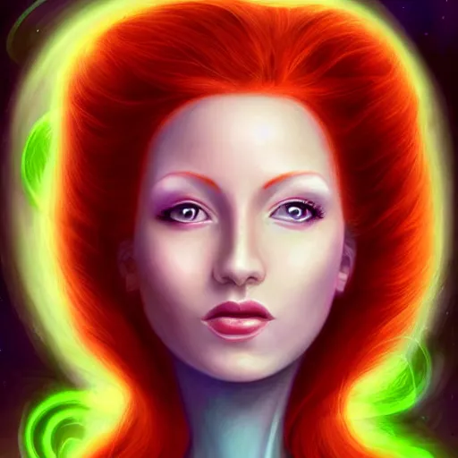 Image similar to Redhead Pleiadian alien human beautiful hybrid feminine woman, green skin, long gorgeous red hair in loose curls, with stunning green eyes, cute round face and a roundish nose, as a retrofuturistic heroine, face and body, gorgeous psychedelic digital painting, artstation, concept art, smooth, sharp focus, illustration, art by artgerm and donato giancola and Joseph Christian Leyendecker, Ross Tran, WLOP