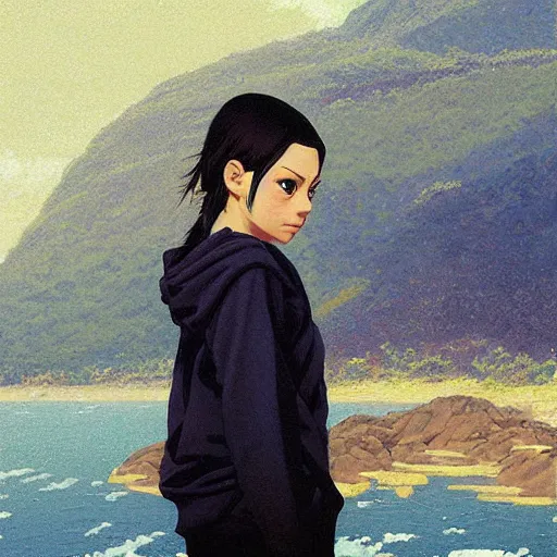 Image similar to anime mila kunis by by Hasui Kawase by Richard Schmid on canvas