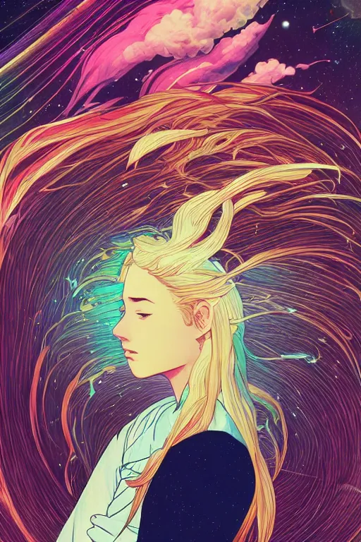 Prompt: portrait of a young astronaut girl, flowing hair, hisashi eguchi, akihito yoshida, yuya nagai, film noir, alphonse mucha, loish, murata range, cinematic, studio lighting, manga, vibrantly colored, dreamy, gradation, space nebula background