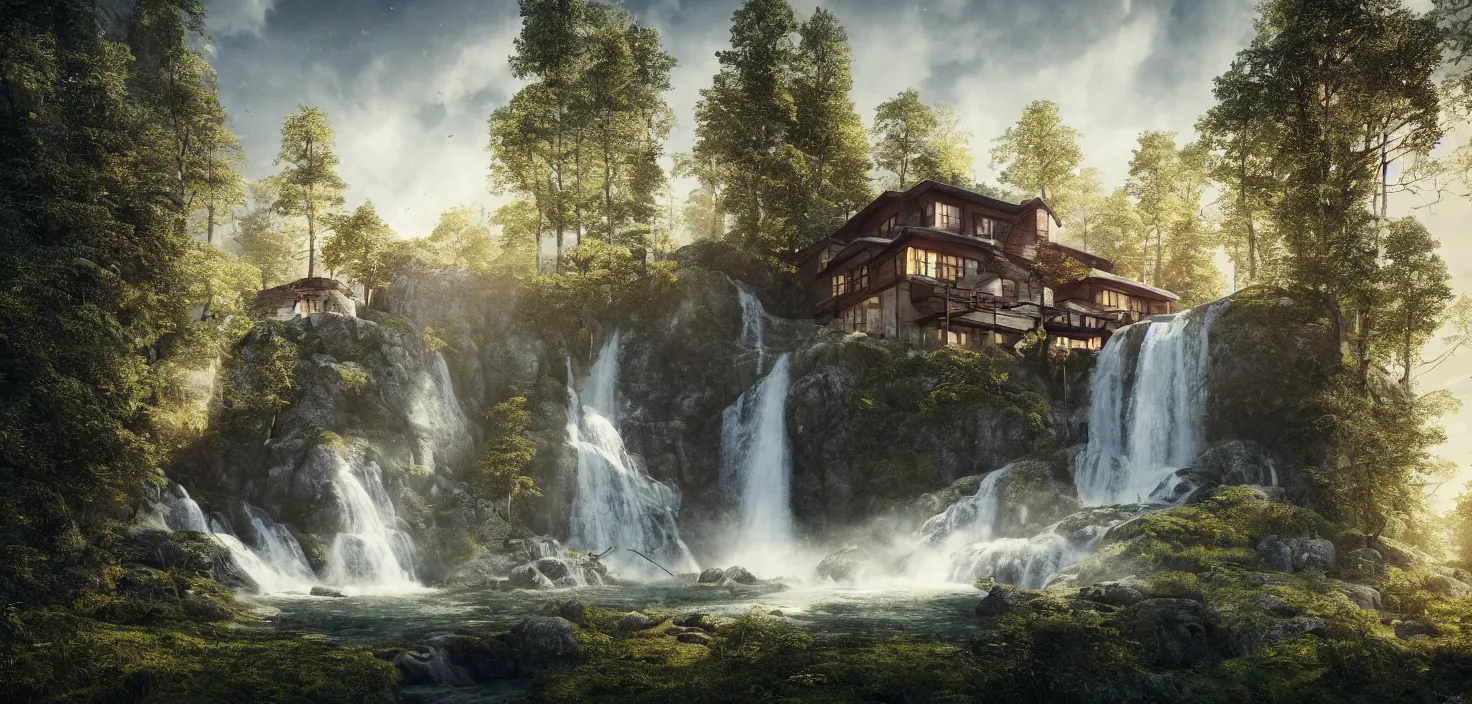Image similar to beautiful large scandinavian house in the forest on a hill, a large waterfall flows down from the mountain in the background, octane render, fabulous, hyper detailed, random cinematic view, no noise, global illumination, warm lighting, volumetric, godrays, vivid, by jordan grimmer