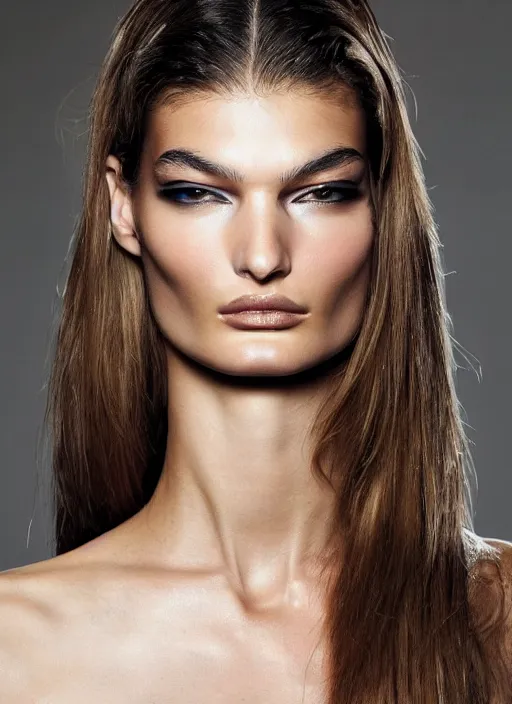 Image similar to A beautiful portrait of Ophelie Guillermand as a Versace fashion model Spring/Summer 2012, highly detailed, in the style of cinematic, Getty images, Milan fashion week backstage, Makeup by Pat McGrath, Greg rutkowski