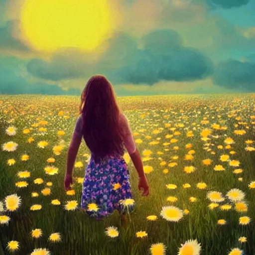 Image similar to head made of giant daisies, girl standing barefoot in a vast flower field, surreal photography, sunrise dramatic light, impressionist painting, colorful clouds, large sky, digital painting, artstation, simon stalenhag, flower face