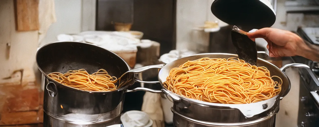 Image similar to medium shot of spaghetti being cooked in a large pot, home kitchen, sharply focused, canon 5 0 mm, wes anderson film, kodachrome