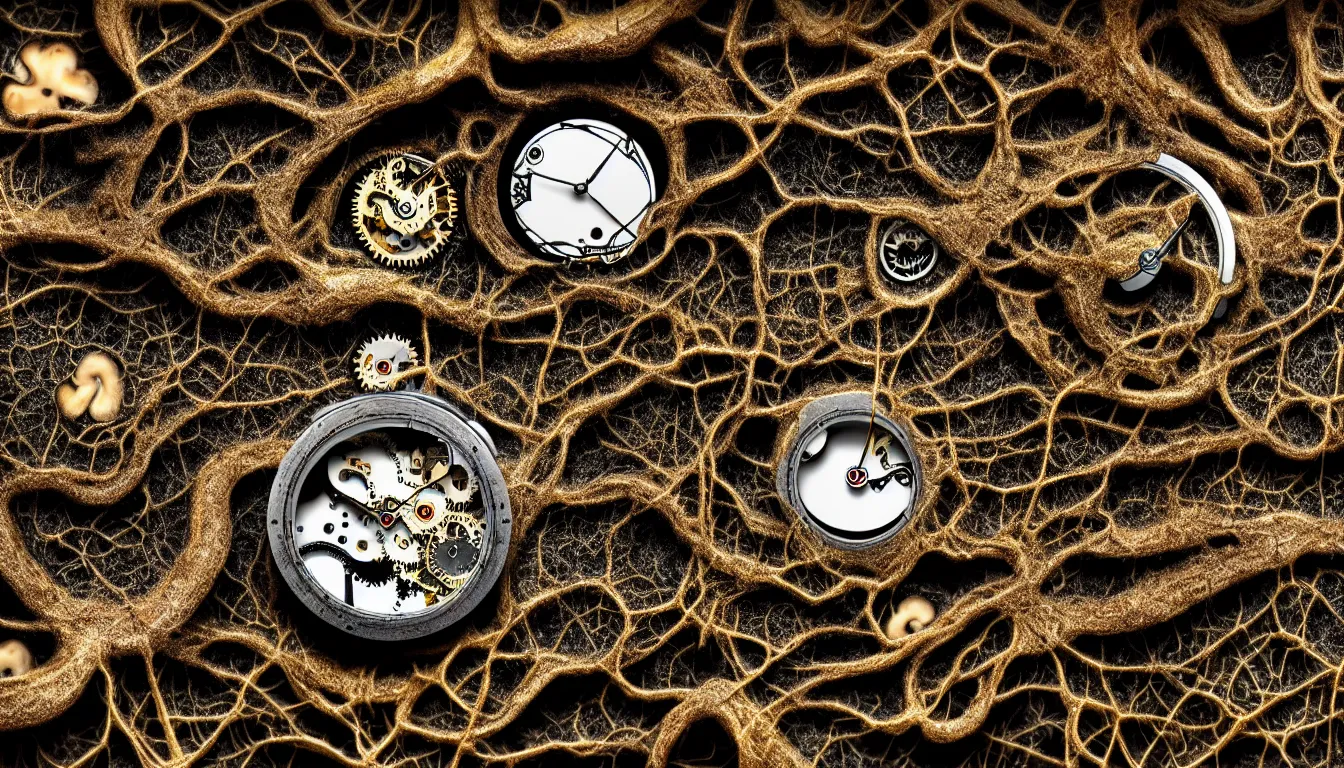 Image similar to detailed view from inside wet ink a clockwork watch landscape, entangled roots covered in mushrooms, cracked earth, living spore microorganisms, decaying, rusty, hyper realistic photo, full colour, upscale, 8 k