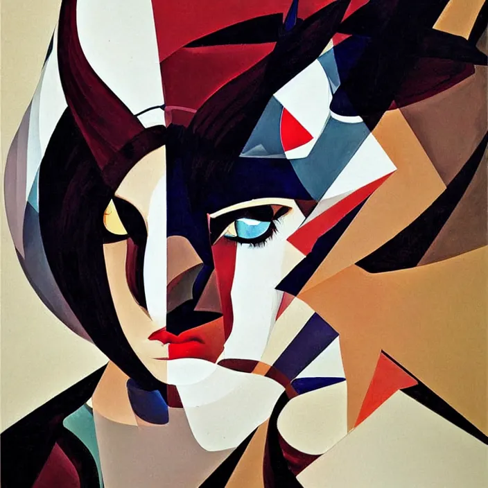 Image similar to abstract portrait of a hyperbeautiful catgirl, geometric, anime style, caravaggio, syd mead