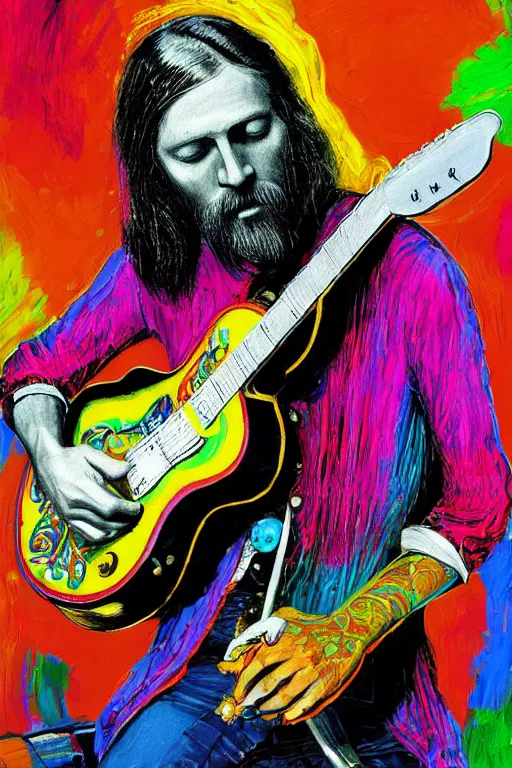 Image similar to a professional painting of Duane Allman, in brightly colored psychedelic shirt, playing a guitar, long hair, beautiful bone structure, symmetrical facial features, intricate, elegant, digital painting, concept art, smooth, sharp focus, illustration, William-Adolphe Bouguerea, epic, stunning, gorgeous, intricate detail, much wow, ultra realistic, photorealism, 4K, masterpiece, trending on artstation