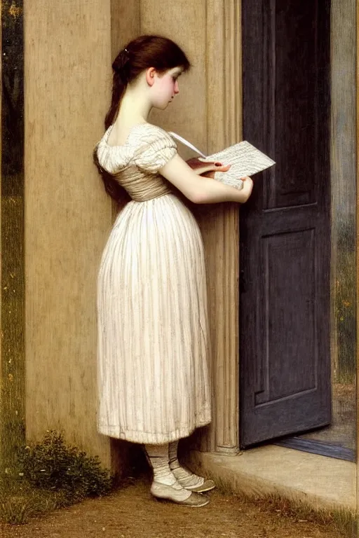 Prompt: girl sending a letter by auguste toulmouche by vittorio reggianini, pastoral, perfectly detailed eyes, beautiful hands, pale skin, blonde hair, leaning on door, dreamy fields, windy moors