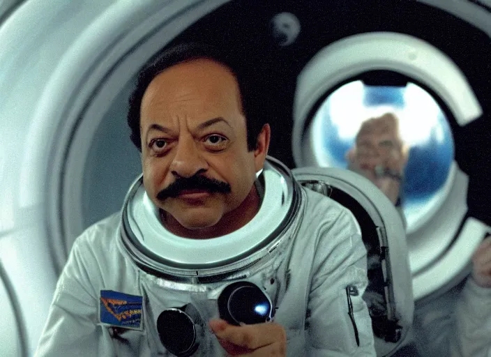 Image similar to film still of young old Cheech Marin as Dr. Dave Bowman in shuttle flying into black hole in 2001 A Space Odyssey