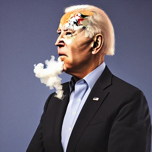 Prompt: joe biden exhaling a cloud of smoke during his mugshot, award winning mugshot photography