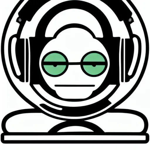 Prompt: svg sticker, centered, round-cropped, white-space-surrounding, Bender-Robot listening to headphones, flat colors, vector art