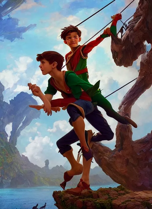 Image similar to skinny young tom holland as peter pan in neverland, dynamic lighting, path traced, atmospheric, highly detailed, high quality, beautiful painting, octane render, don bluth, ross tran, studio ghibli, alphonse mucha, jama jurabaev, extremely detailed, brush strokes, artstation, artgerm