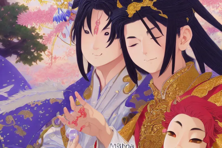 Image similar to close up moment of a divine a japan sun god and a moon goddess lovers magician at a wedding banquet, highly detailed, genshin, fantasy, 4 k realistic, digital painting, trending on artstation, concept art, sharp focus, illustration, art by makoto shinkai and akihiko yoshida and daniel gerhartz