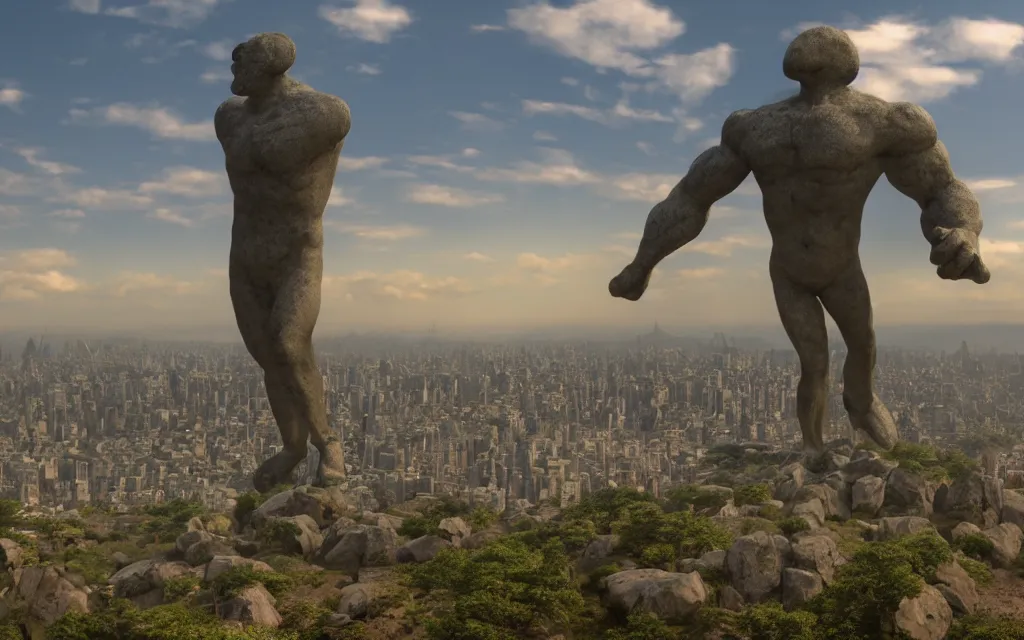 Image similar to the stone giant over the big city on the horizon. beautiful, realistic, 4K