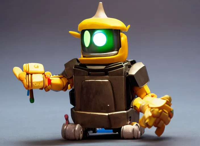 Prompt: a glowing transformers gnome robot fantasy claymation action figure, realistic materials, by joop geesink and pixar