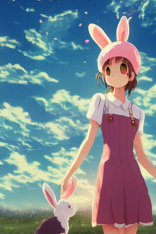 Image similar to Poster of tonemapped Smiling anime girl with bunny hat in the style of Makoto Shinkai and Yun Koga