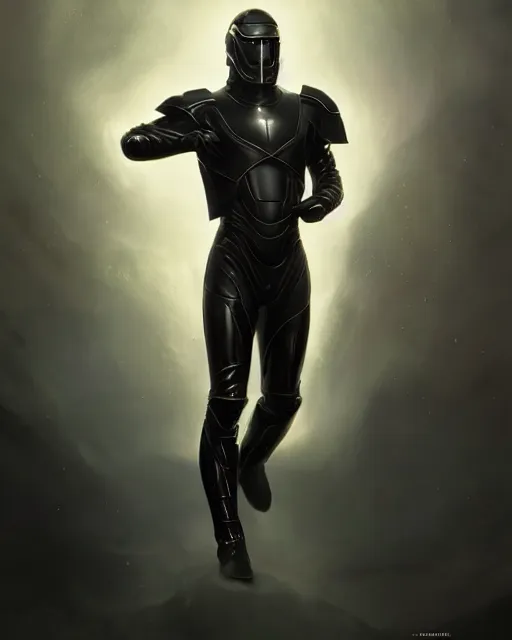 Image similar to iridescent sinewy smooth muscular male sleek glossy black pearlescent scifi armor with smooth black featureless helmet, by greg rutkowski, jim burns, tom bagshaw, magali villeneuve, trending on artstation