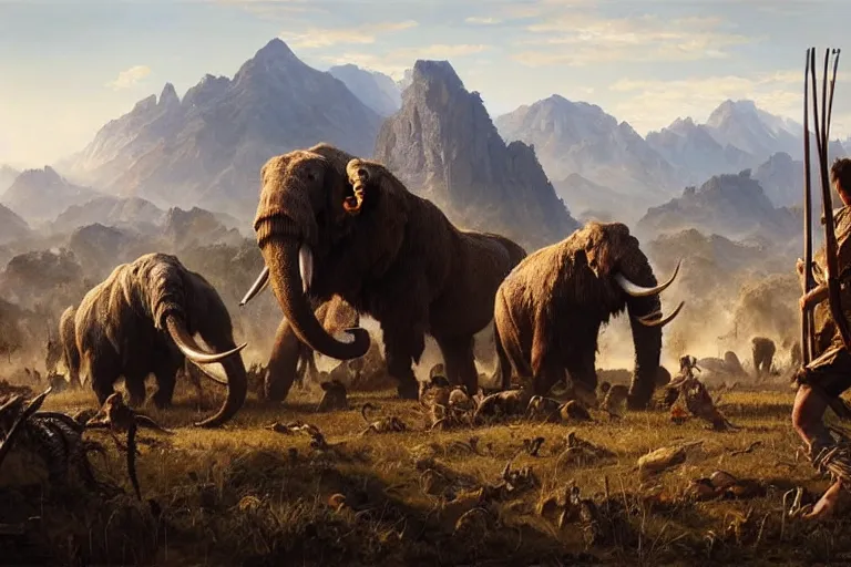 Prompt: epic scene of prehistoric hunter gatherers hunting a wooly mammoth with spears, autumn season, clear and beautiful sunny weather, sharp focus, epic feels, high details, oil painting by greg rutkowski and craig mullins, frank frazetta, 8 k