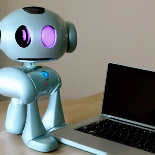 Prompt: Cute pet robot laughs maniacally as it types on a computer, adorable friendly robot