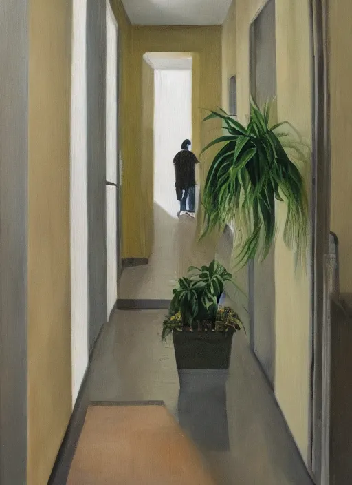 Prompt: an empty hallway, full of house plants and people, oil on canvas