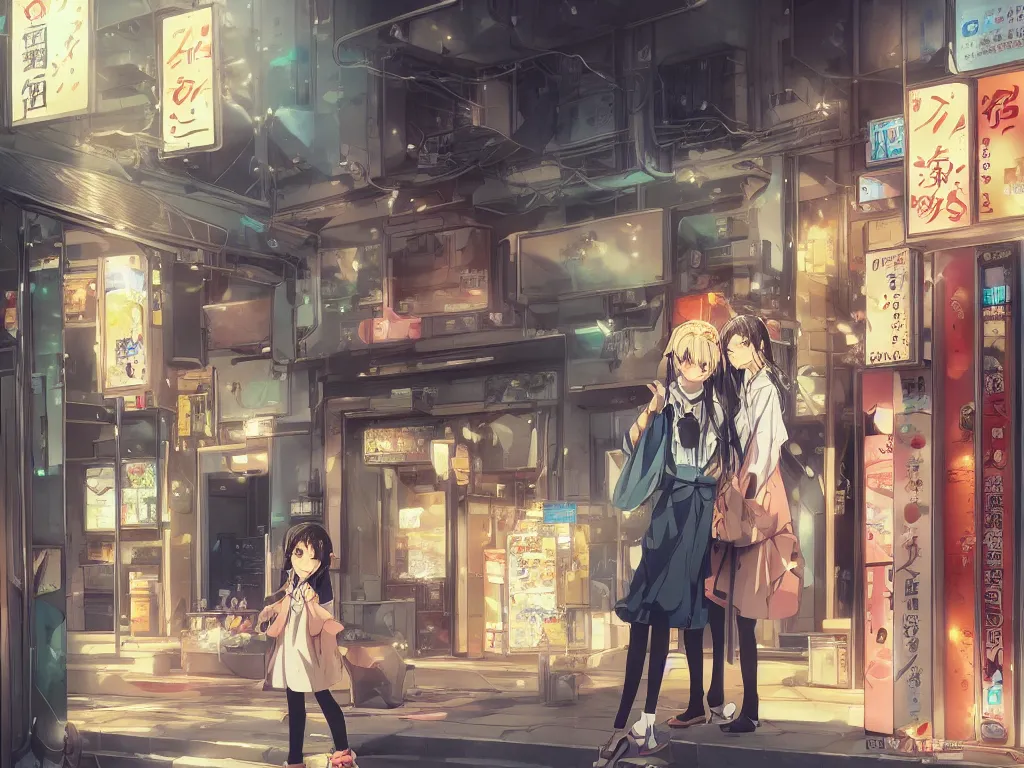 Prompt: Two beautiful anime girls, standing in front of a vending machine outside of a Japanese convenience store, in narrow Tokyo alleyway, beautiful light and shadows, D&D, fantasy, highly detailed, digital painting, artstation, concept art, sharp focus, illustration, in style of GUWEIZ and WLOP and NIXEU