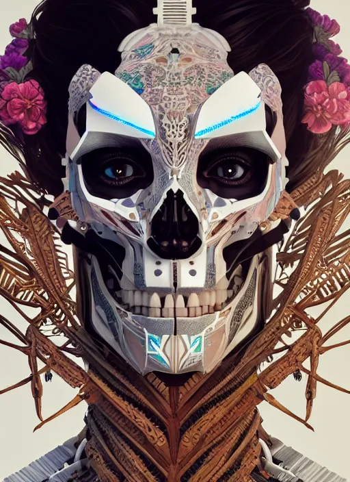 Prompt: symmetry!! portrait of a hybrid robot skull, floral! horizon zero dawn machine, intricate, elegant, highly detailed, ray tracing, digital painting, artstation, concept art, smooth, sharp focus, illustration, art by artgerm and greg rutkowski and alphonse mucha, 8 k