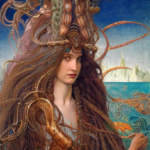 Prompt: intricate detail, hyper detail, lady of elche techno mystic princess intergalactica, inanna, ashteroth, with aqua neon rapunzel dreadlocks, mami wata, detailed, by sandro botticelli, gaston bussiere, h. r. giger,, masterpiece, sharp focus,