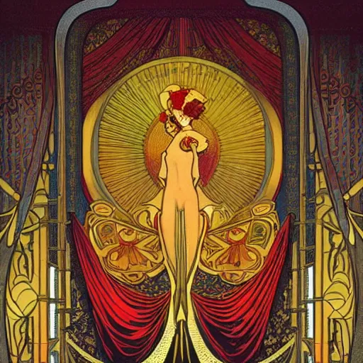 Prompt: flowing theatre red curtains, centered radial design, gold art nouveau graphic elements, painting by mucha, beautiful lighting