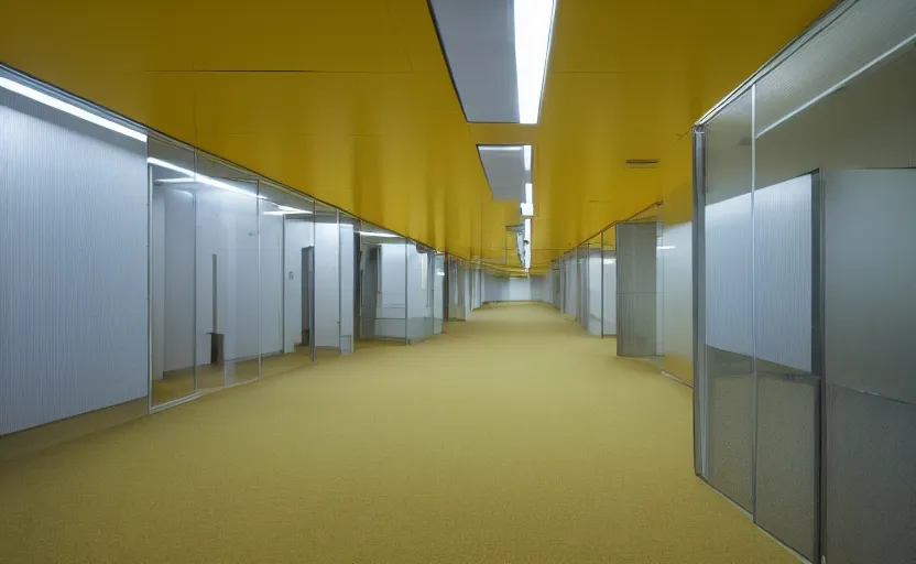 Image similar to 1 9 9 0 s empty rooms and a long corridor interior, office building, bright yellow wallpaper, vhs style, suspended ceiling, bright fluorescent light, light brown moist carpet