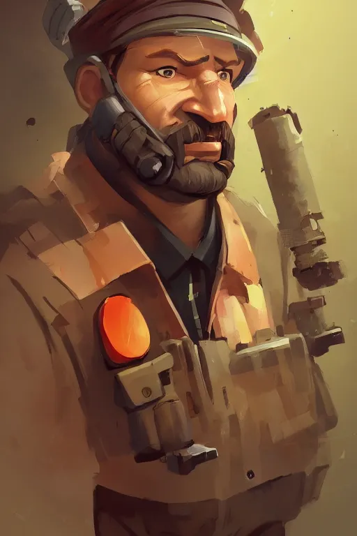 Image similar to beautiful highly detailed realistic stylized character portrait team fortress 2 engineer, detailed character art master portrait by ismail inceoglu, trending on artstation