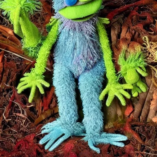 Prompt: a moldy decaying muppet covered in fungus